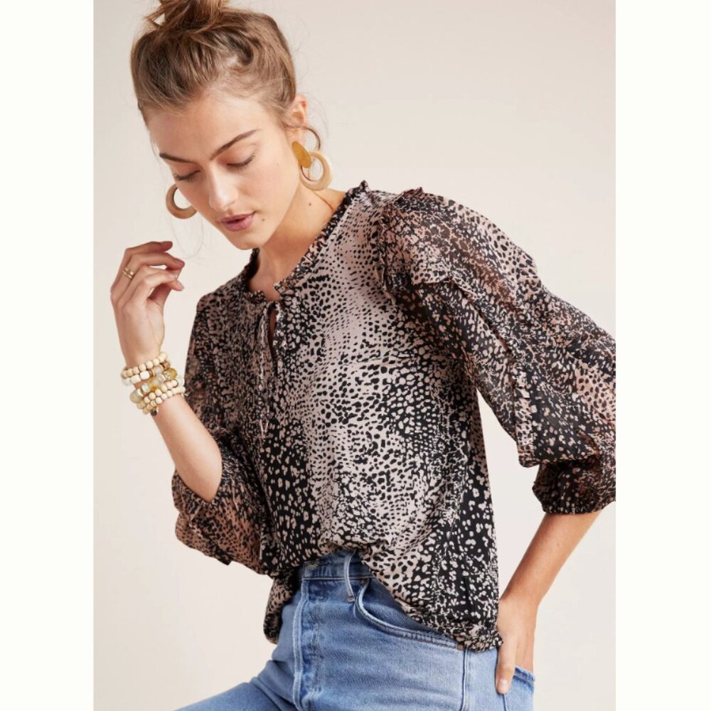 Anthropologie Maeve Jacquin Peasant Tan & Black Print Ruffle Blouse Size M EUC